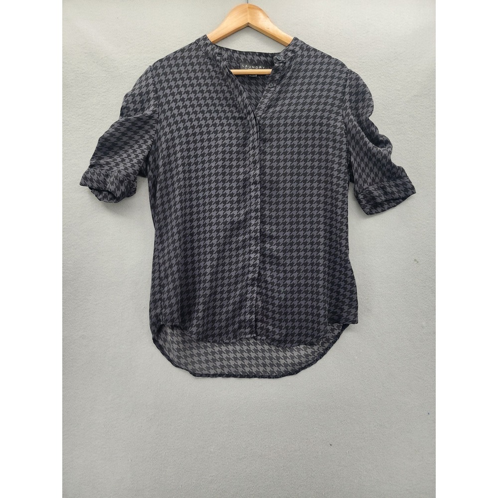 Laundry by‎ Shelli Segal Houndstooth Blouse Black Grey Ruched Short Sleeve Top M